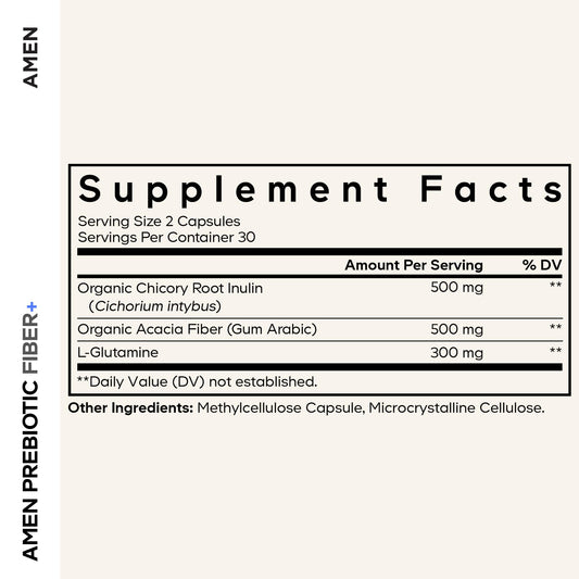 Amen Prebiotic Fiber capsules closeup highlighting easy-to-swallow vegan capsules.