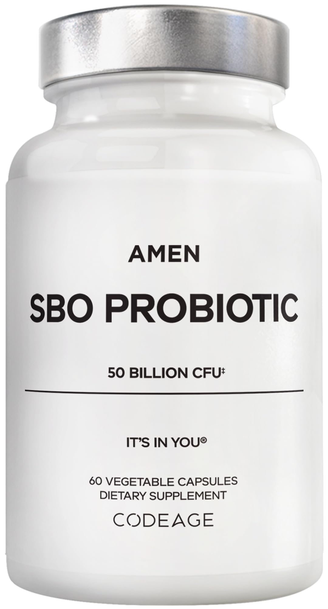 Amen SBO Probiotic bottle front displaying 50B CFU per serving for daily balance.