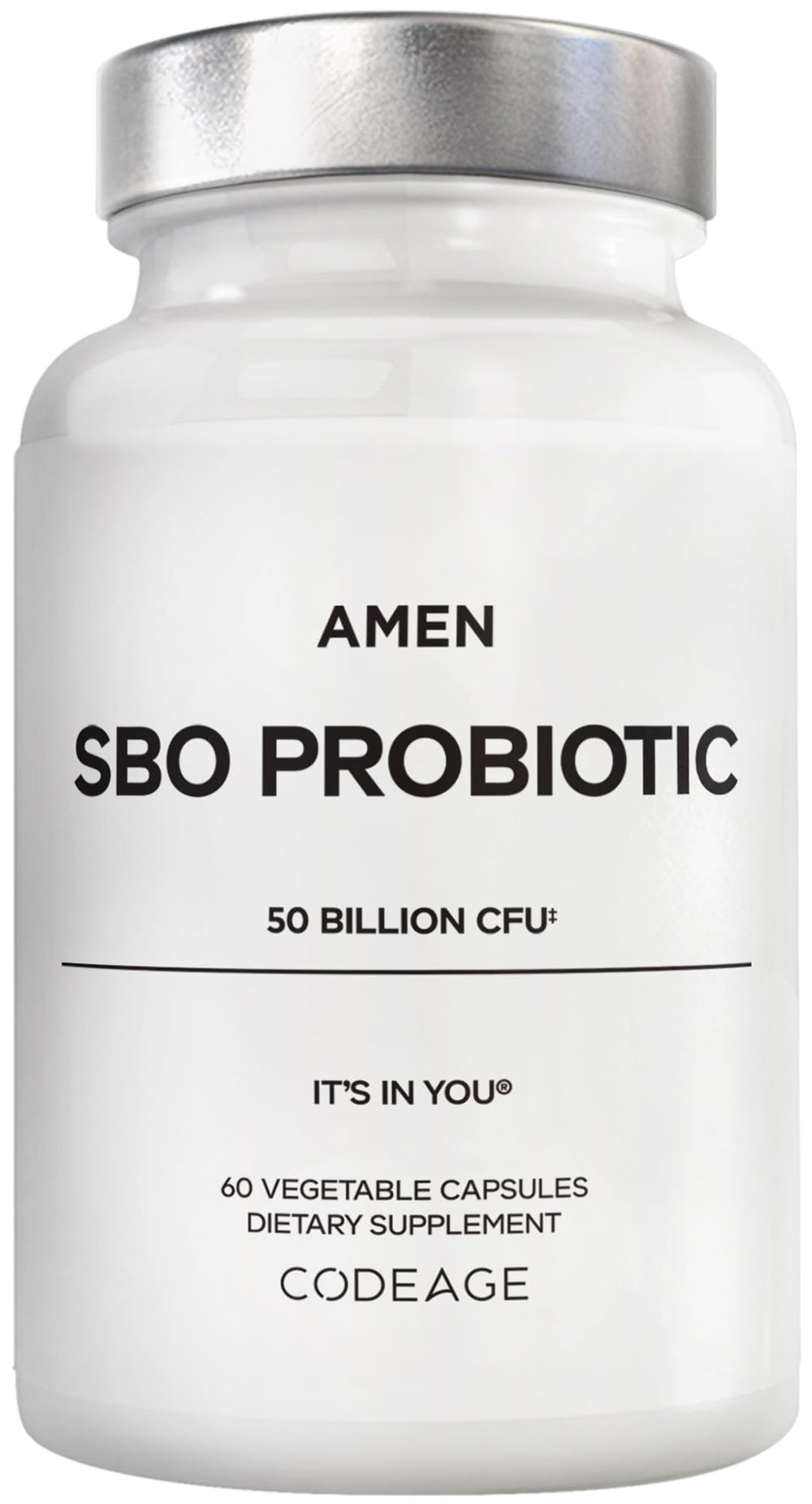 Amen SBO Probiotic bottle front displaying 50B CFU per serving for daily balance.