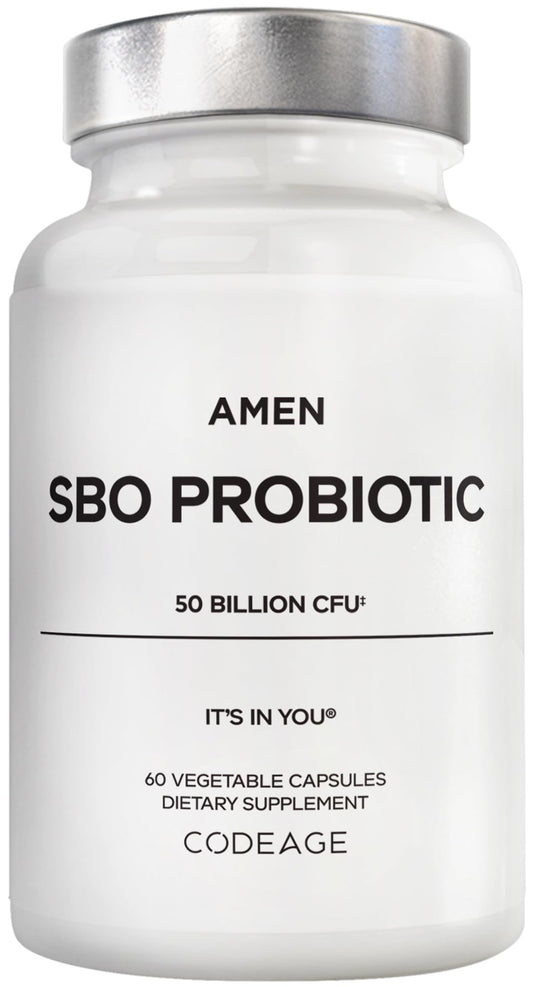 Amen SBO Probiotic bottle front displaying 50B CFU per serving for daily balance.