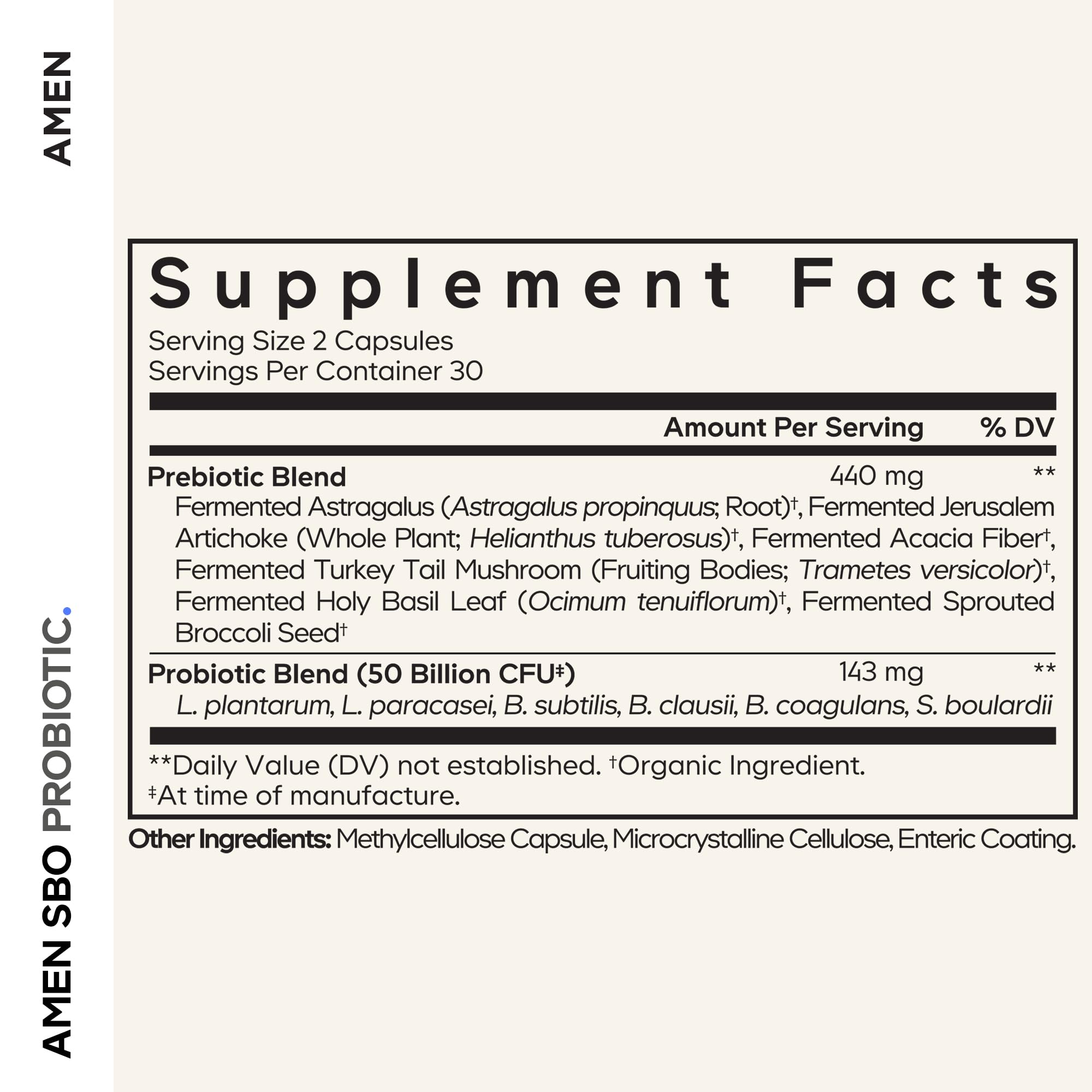 Amen SBO Probiotic label close-up showing six probiotic strains for gut support.