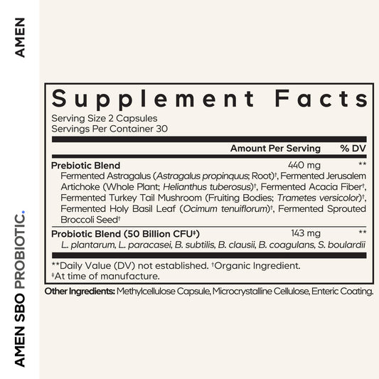 Amen SBO Probiotic label close-up showing six probiotic strains for gut support.