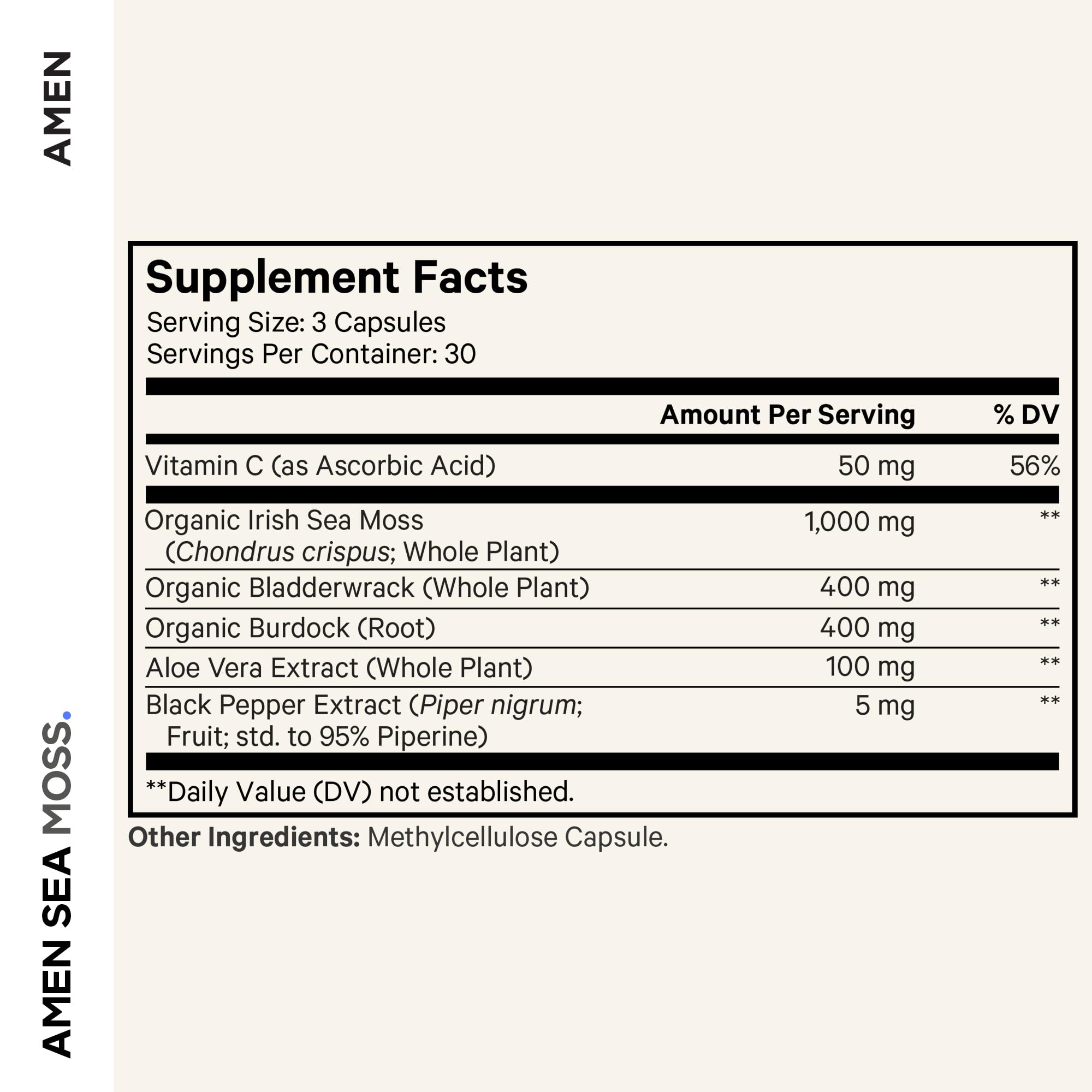 Amen Sea Moss capsules closeup for easy daily intake.