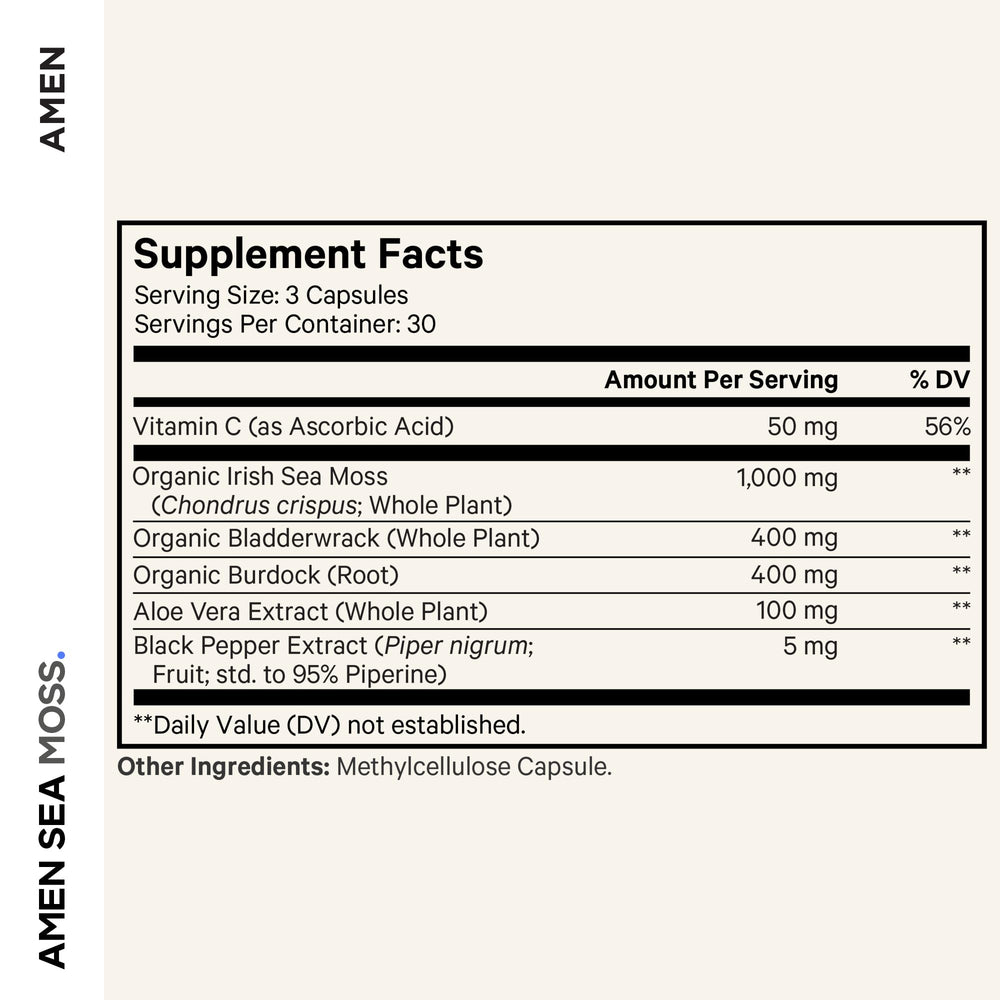 Amen Sea Moss capsules closeup for easy daily intake.