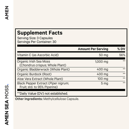 Amen Sea Moss capsules closeup for easy daily intake.