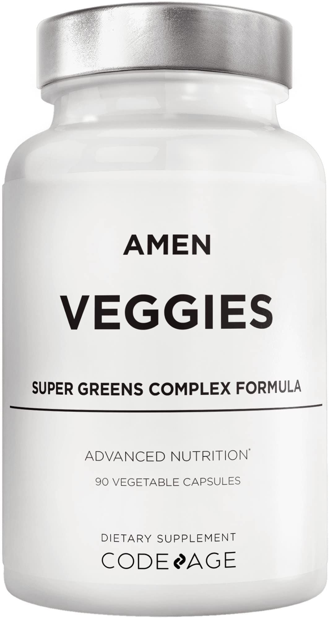Amen Veggies bottle-cap showing capsule count for daily greens support