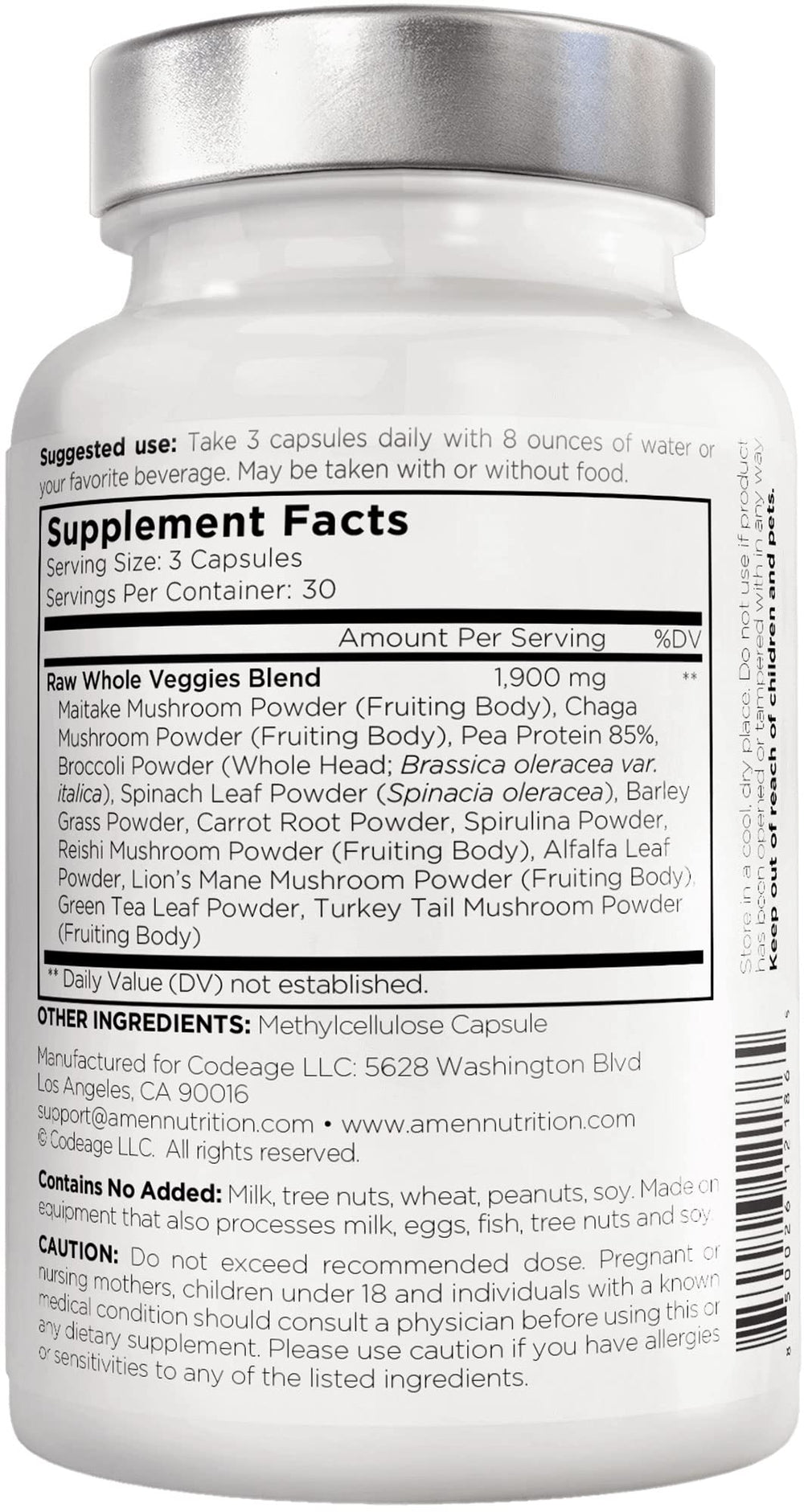 Amen Veggies mushroom-complex powders emphasize plant compounds