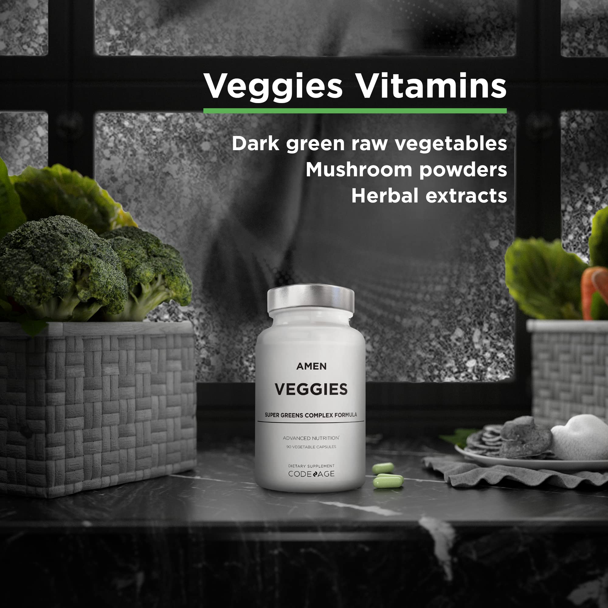Amen Veggies spinach-broccoli panel showcases fiber and phytonutrients