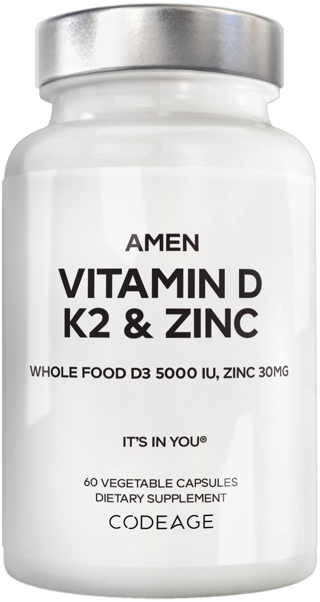 Amen Vitamin D3 K2 Zinc bottle highlights vegan D3 5,000 IU.