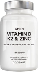 Amen Vitamin D3 K2 Zinc bottle highlights vegan D3 5,000 IU.