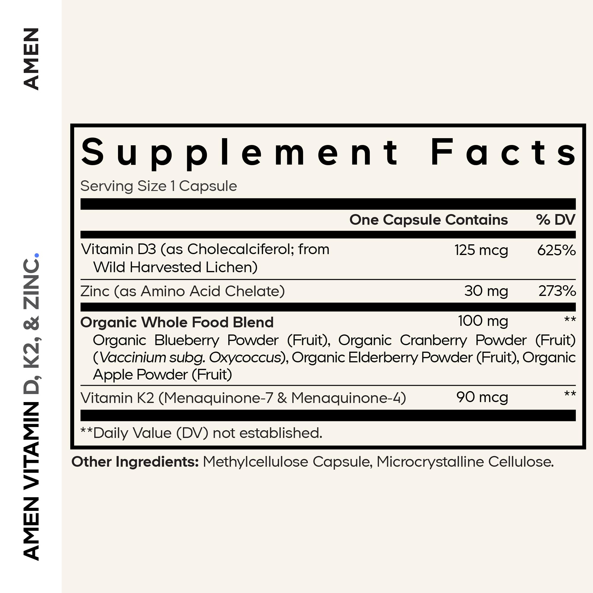 Amen Vitamin D3 K2 Zinc capsule close-up shows yeast-derived vegan D3 source.