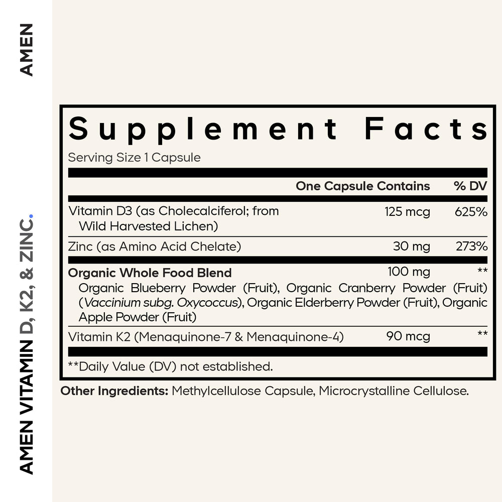 Amen Vitamin D3 K2 Zinc capsule close-up shows yeast-derived vegan D3 source.