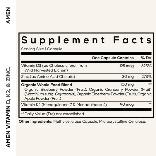 Amen Vitamin D3 K2 Zinc capsule close-up shows yeast-derived vegan D3 source.