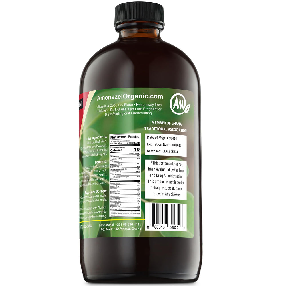 Amenazel Moringa Bitters ingredients close-up highlighting nine-herb blend.