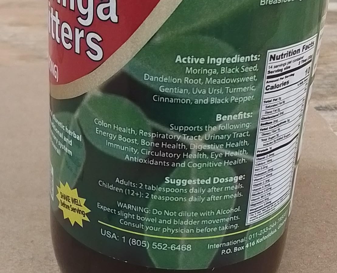 Amenazel Moringa Bitters organic packaging underscores pesticide-free promise.