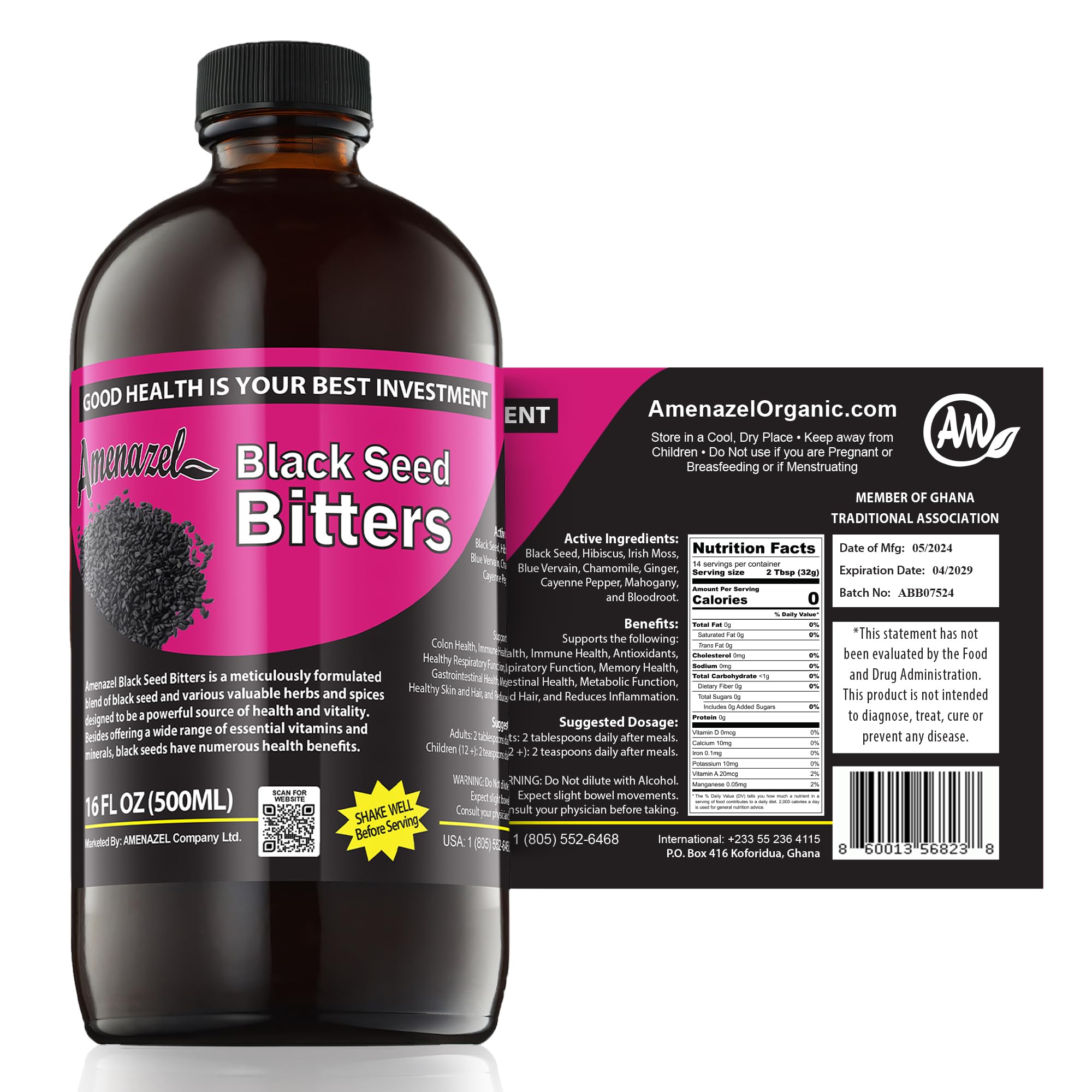 Amenazel Organic Black Seed Bitters bottle for immune support and gentle digestion