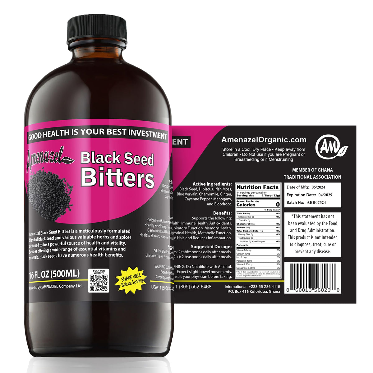 Amenazel Organic Black Seed Bitters bottle for immune support and gentle digestion
