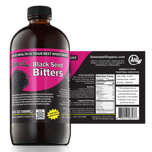 Amenazel Organic Black Seed Bitters bottle for immune support and gentle digestion