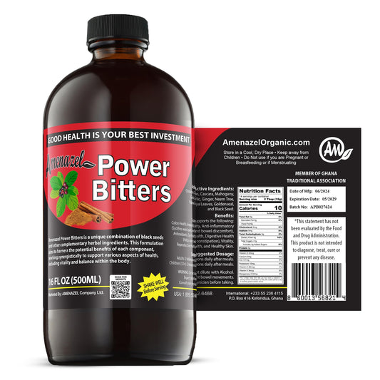 Amenazel Organic Power Bitters bottle with herbal blend for gentle digestion and immune support