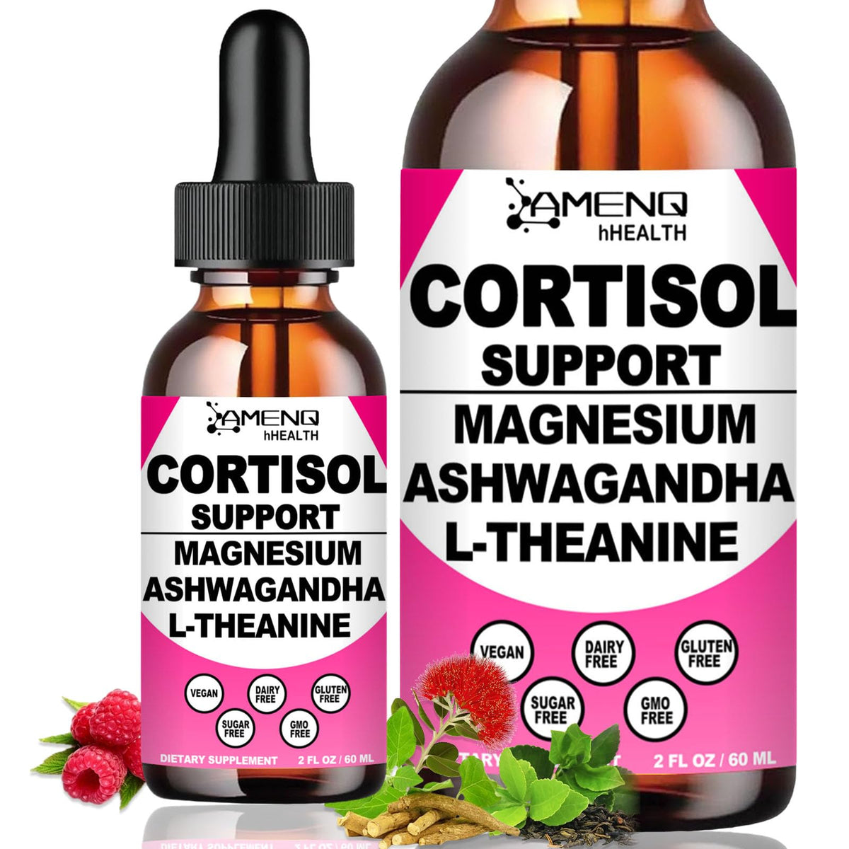 AMENQ hHEALTH 2-pack cortisol drops raspberry bottle for convenient daily stress support.