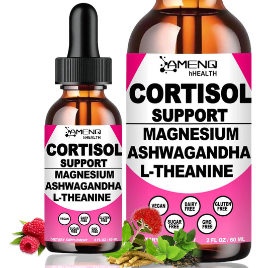 AMENQ hHEALTH 2-pack cortisol drops raspberry bottle for convenient daily stress support.