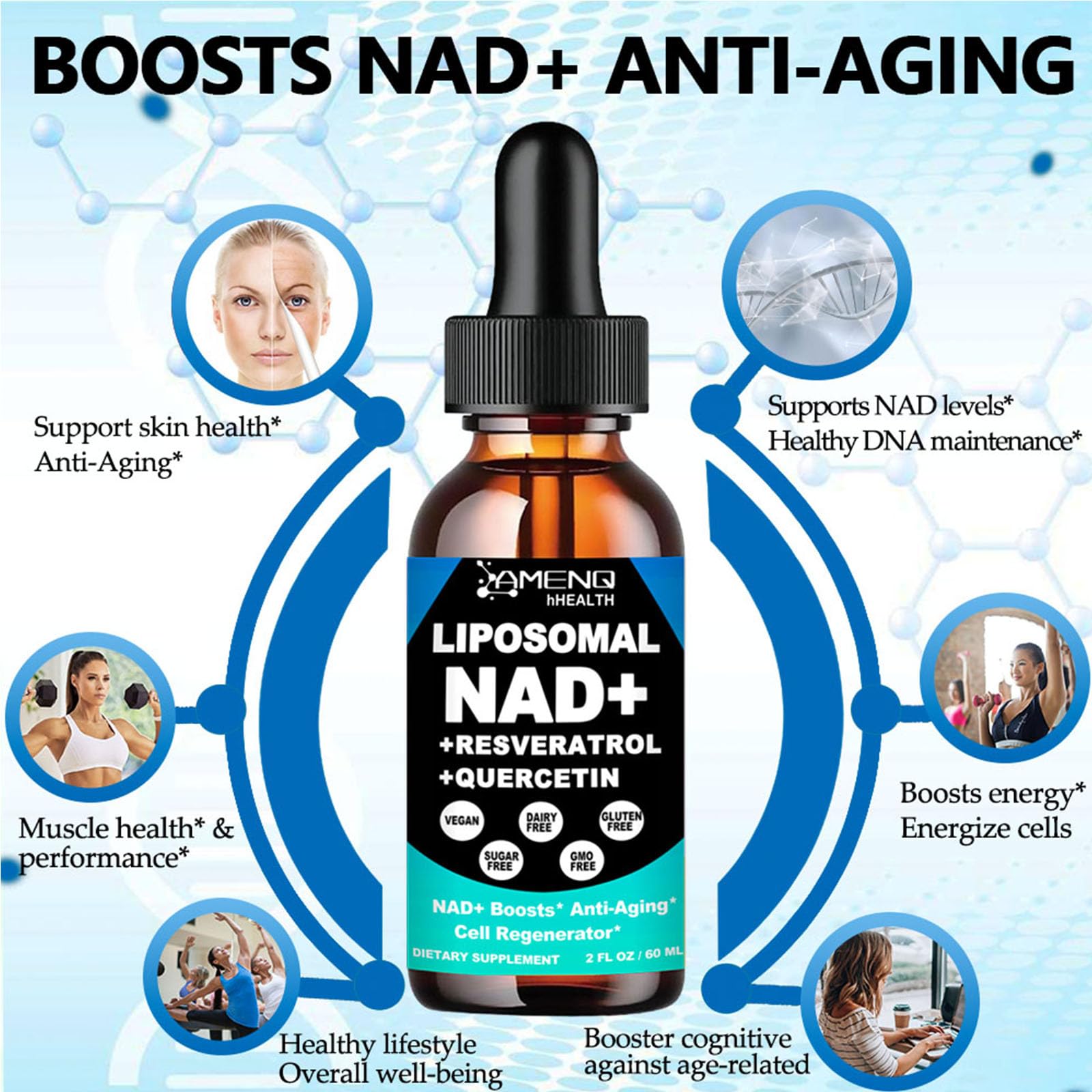 AMENQ hHEALTH NAD ingredient label shows liposomal NR and Resveratrol.