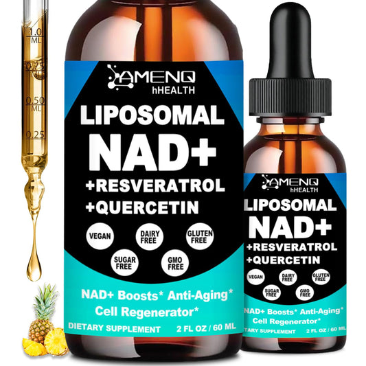 AMENQ hHEALTH NAD liquid bottle being poured for easy daily energy support.