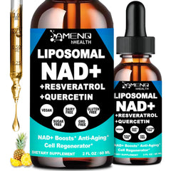 AMENQ hHEALTH NAD liquid bottle being poured for easy daily energy support.