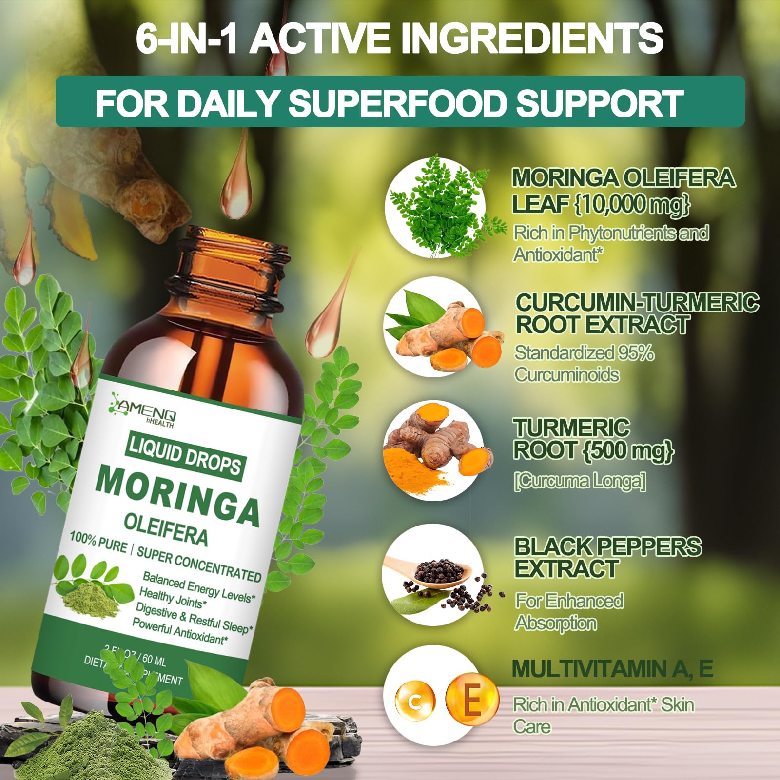 AMENQ hHEALTH turmeric powder jars showcase potent blend and curcuminoids.