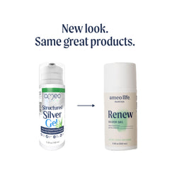 Ameo Life aloe silver gel plant and bottle scene emphasizes combined skin care benefits.