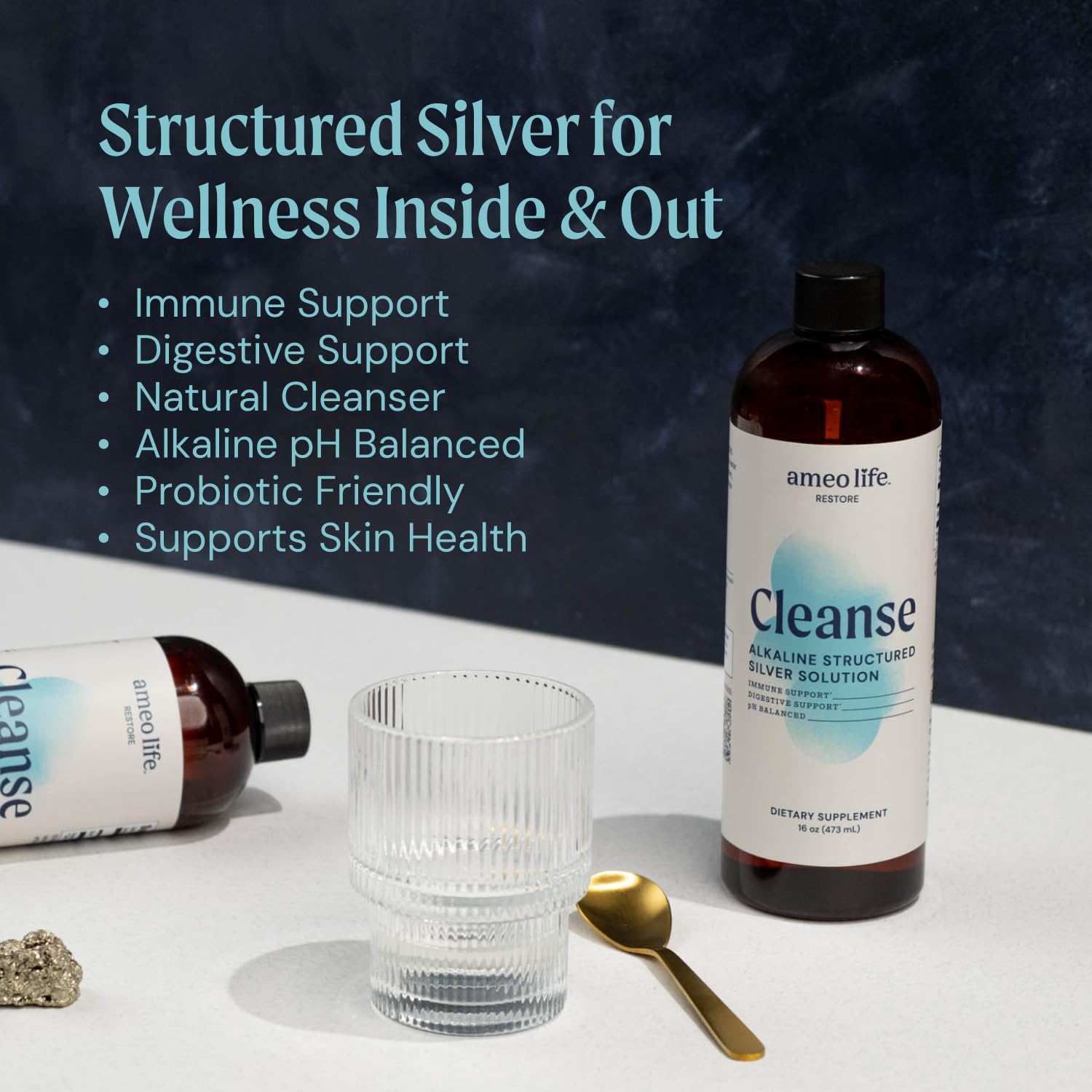 Ameo Life colloidal silver pour image showing easy dosing for family hydration and daily support.