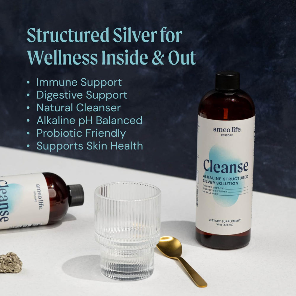 Ameo Life colloidal silver pour image showing easy dosing for family hydration and daily support.