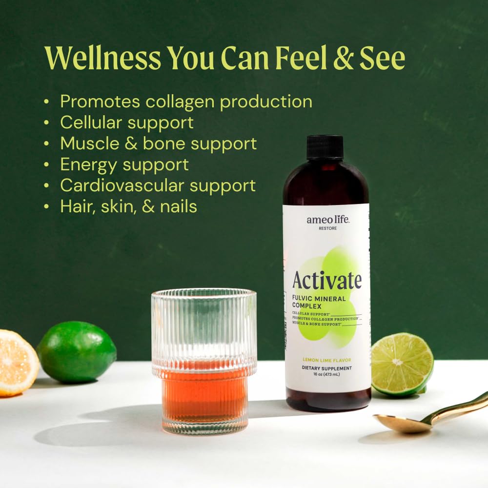 Close-up of Ameo Life Fulvic Acid & Mineral Complex label highlighting vegan, non-GMO quality