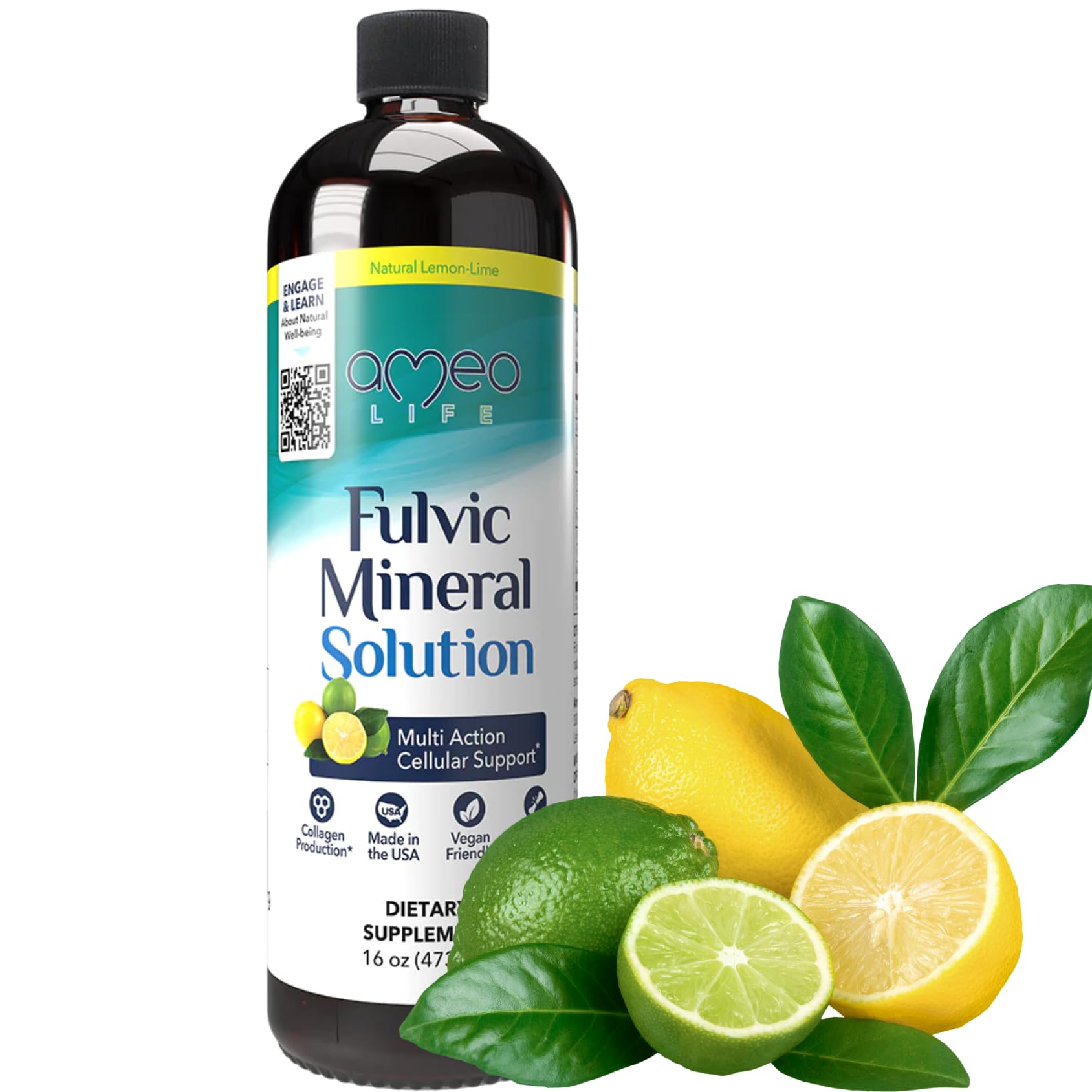 USA-made badge on Ameo Life Fulvic Acid & Mineral Complex packaging indicating quality
