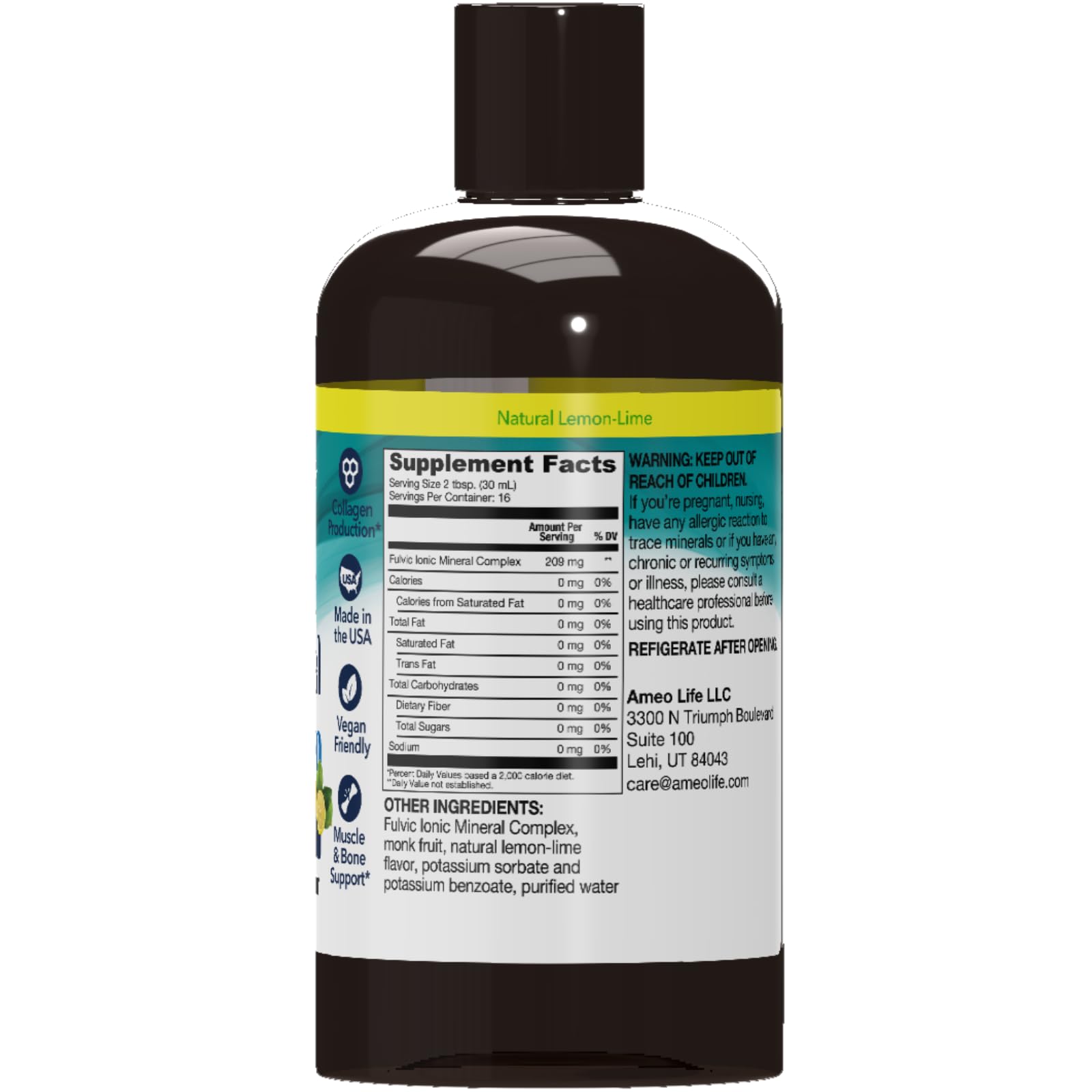 Vegan and gluten-free badge on Ameo Life Fulvic Acid & Mineral Complex for diets