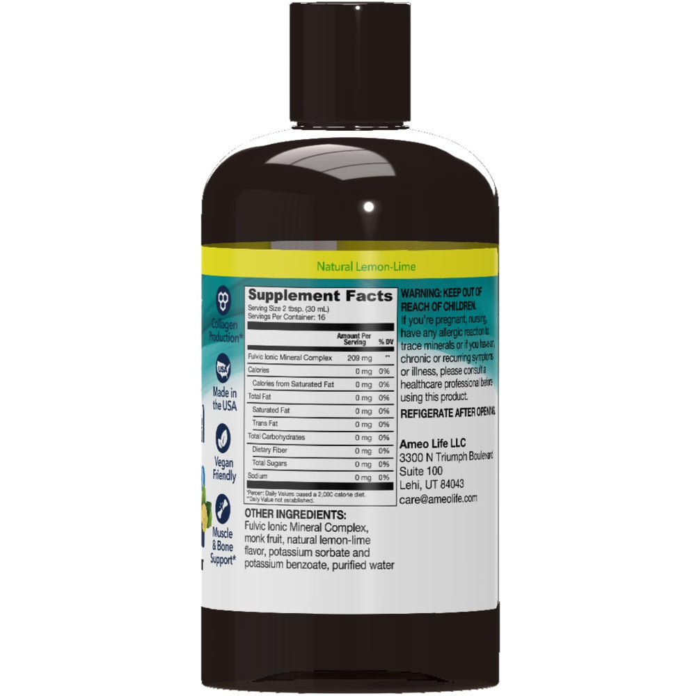 Vegan and gluten-free badge on Ameo Life Fulvic Acid & Mineral Complex for diets