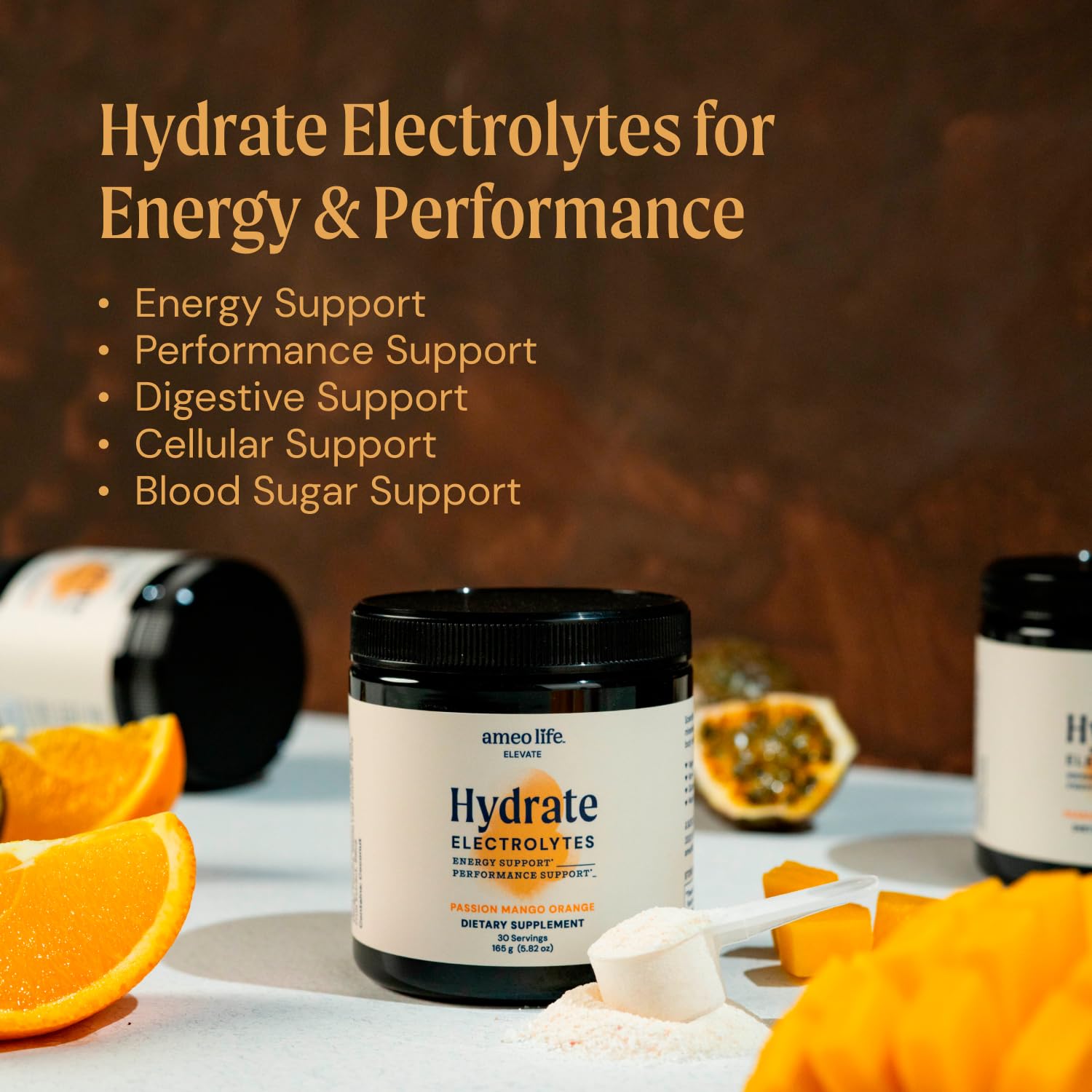 Ameo Life Hydrate Electrolyte Powder being poured for a post-workout drink.