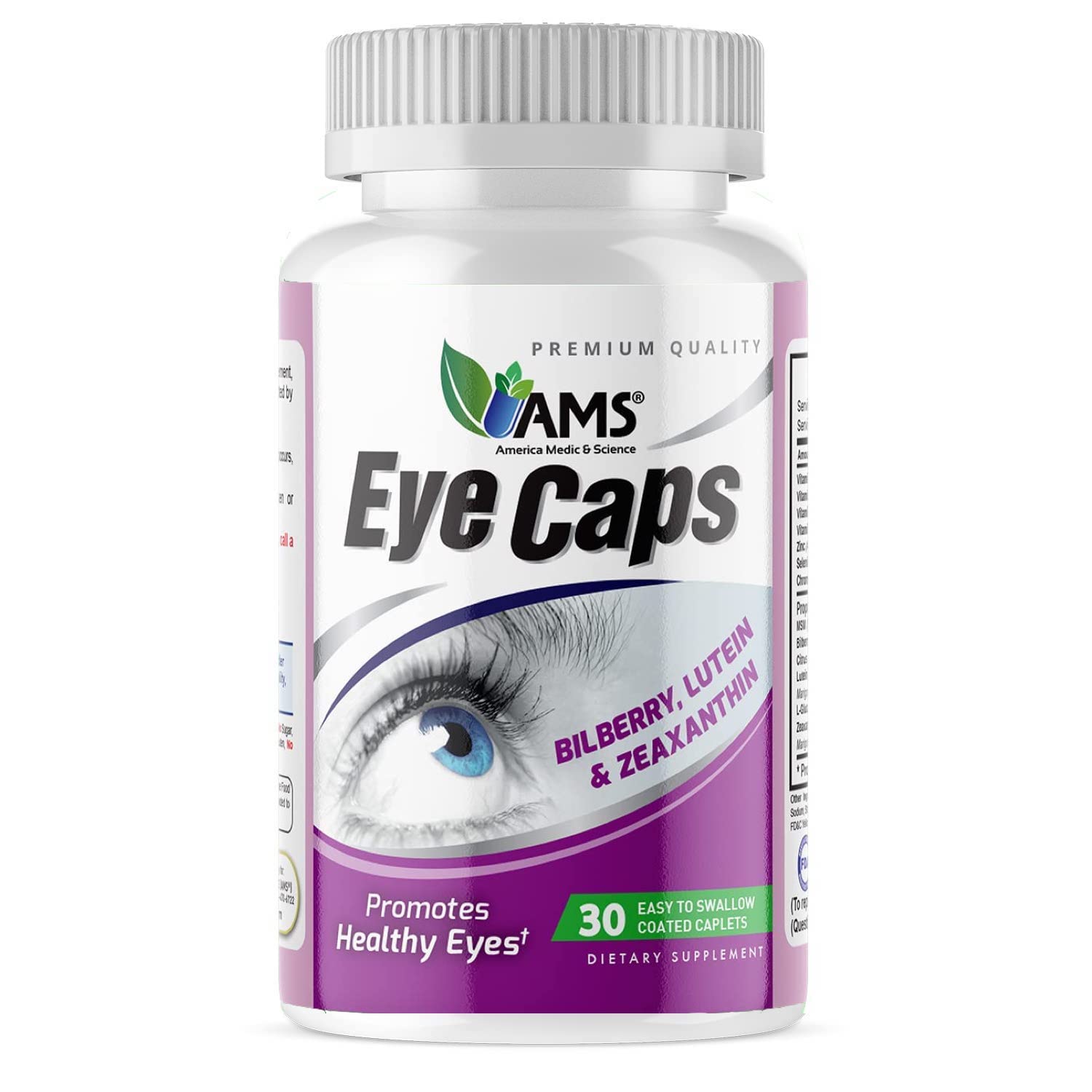 America Medic & Science EyeCaps bottle front showing sleek packaging for eye health support.