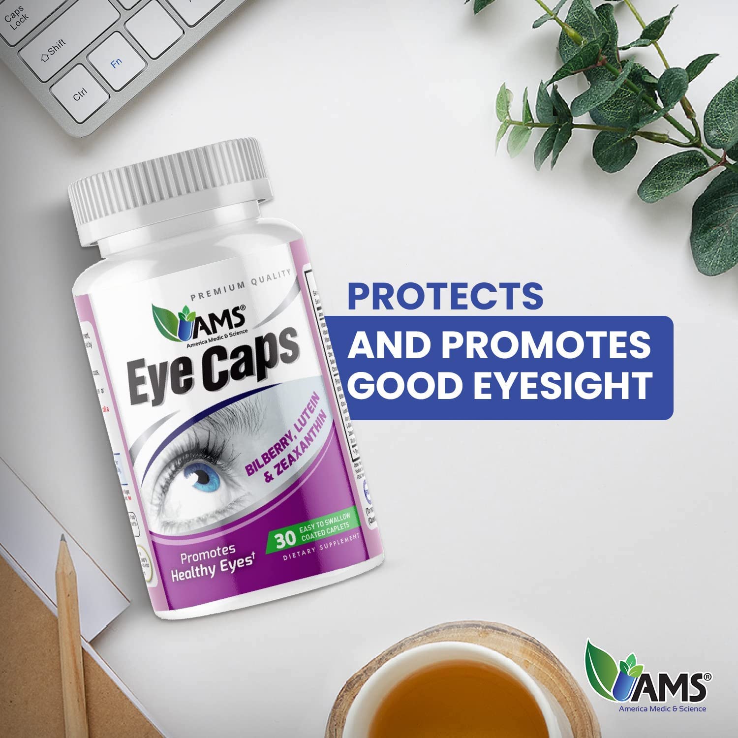 EyeCaps label detail emphasizing lutein, zinc, and vitamins for eye wellness.