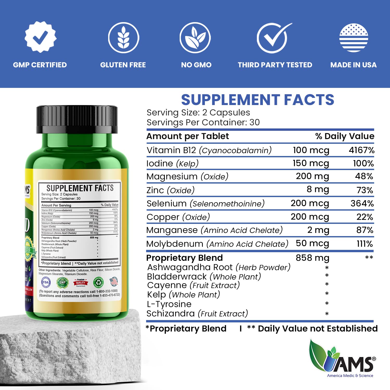 America Medic & Science Advanced Thyroid ingredients panel highlighting Ashwagandha, Iodine, Selenium and B12