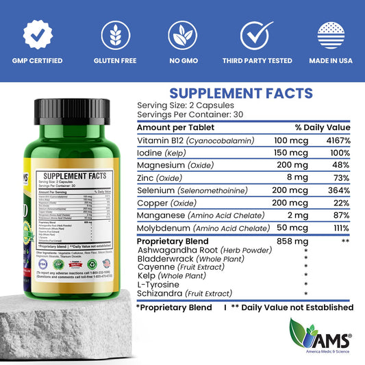 America Medic & Science Advanced Thyroid ingredients panel highlighting Ashwagandha, Iodine, Selenium and B12