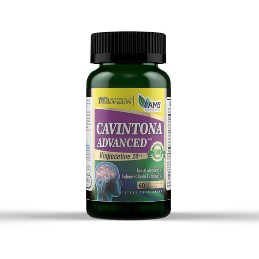 America Medic & Science Cavintona Advanced bottle with brain-health capsules.