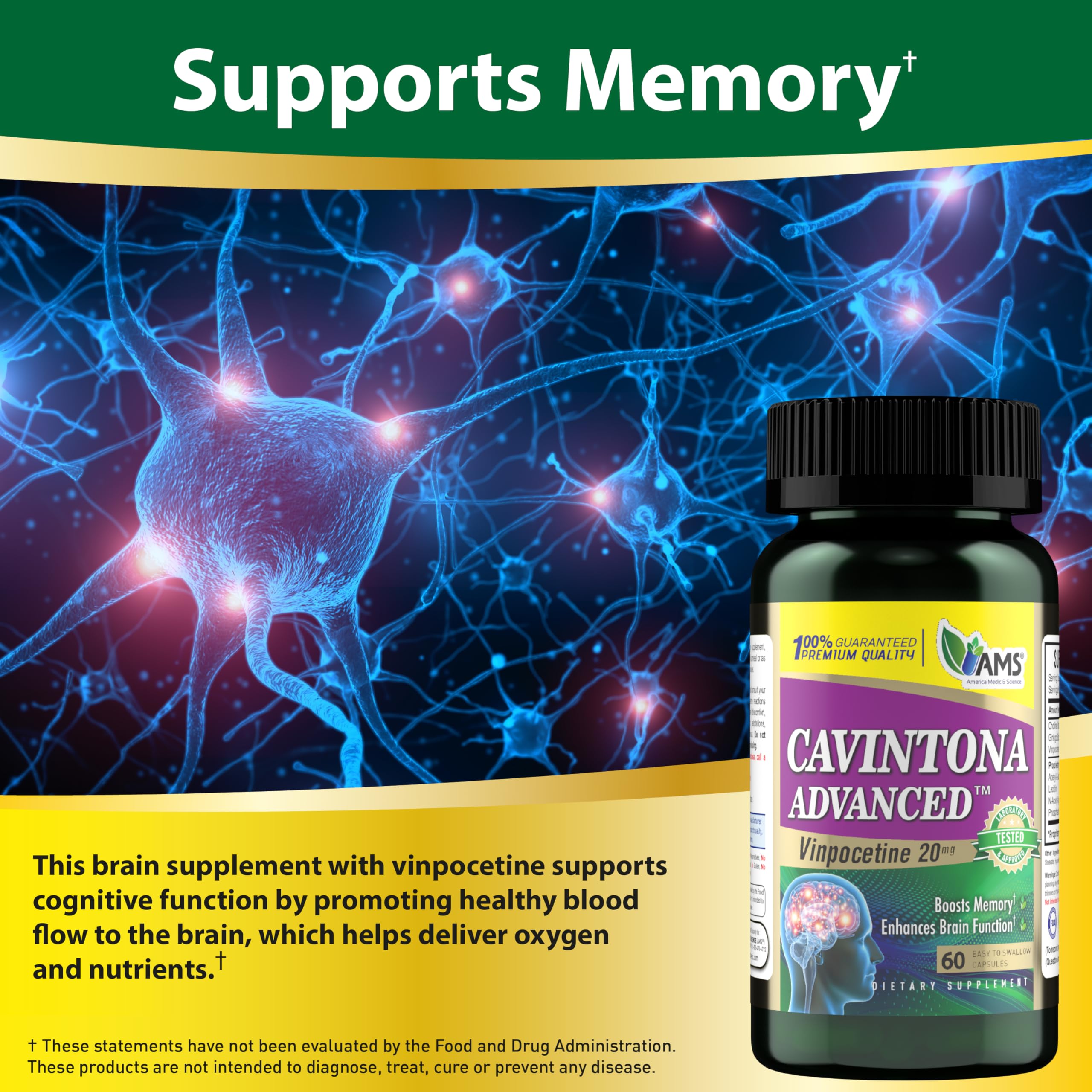 Close-up pour of Cavintona Advanced capsules for mental clarity.