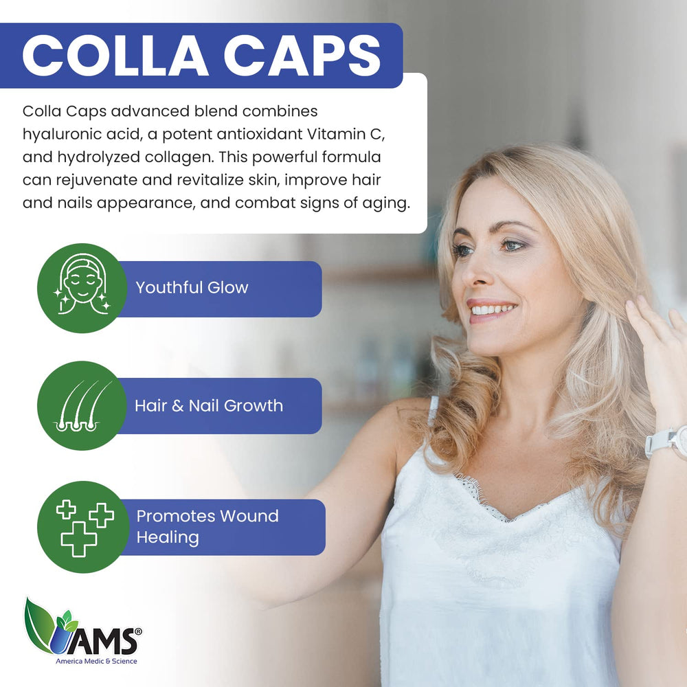 America Medic and Science Colla Caps label detail presents ingredients and directions.