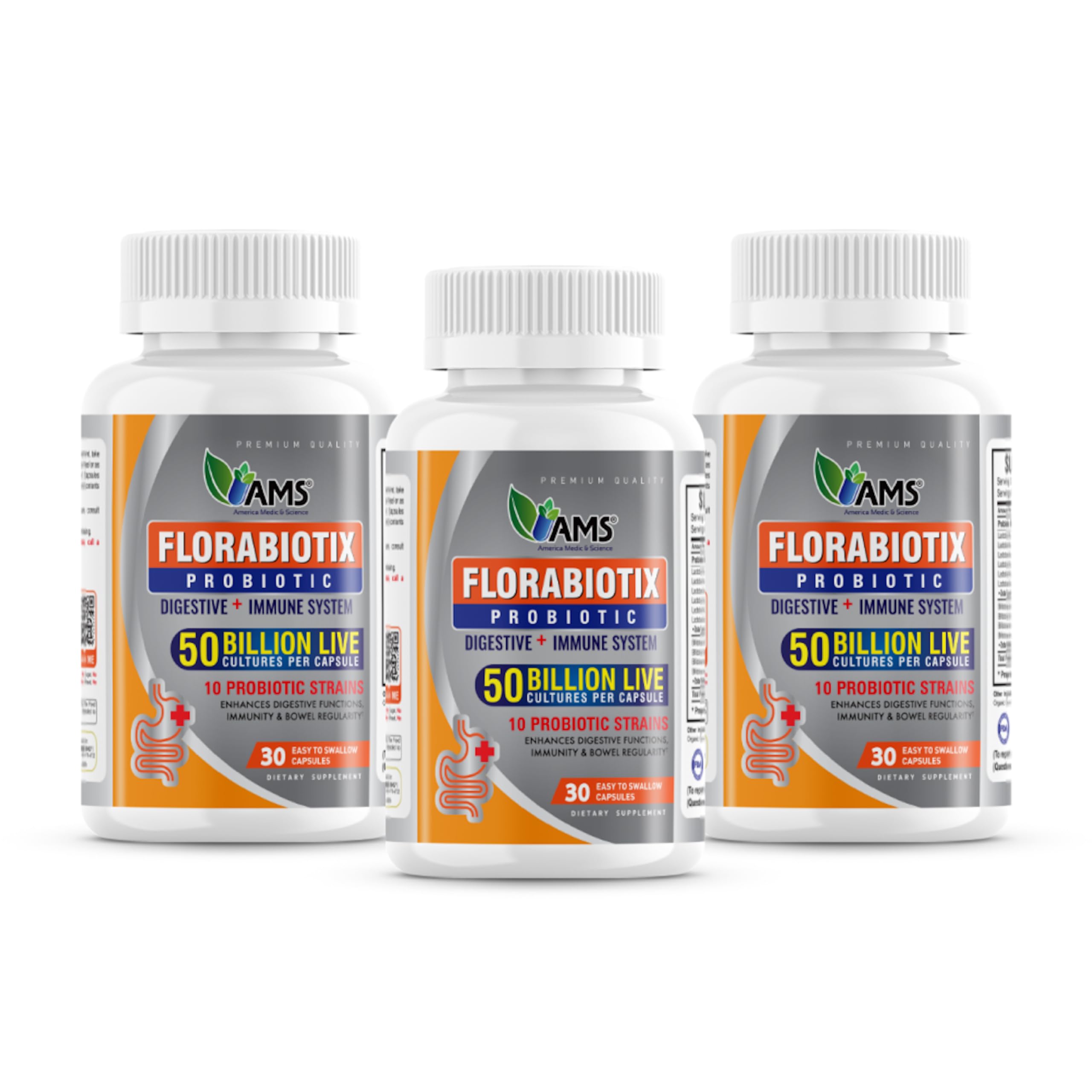 America Medic & Science Florabiotix bottle front showing 50B cultures for digestive support.