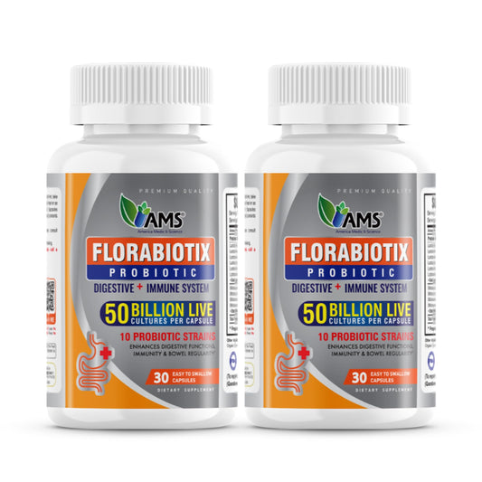 America Medic and Science Florabiotix probiotic bottle front supports daily digestive wellness.