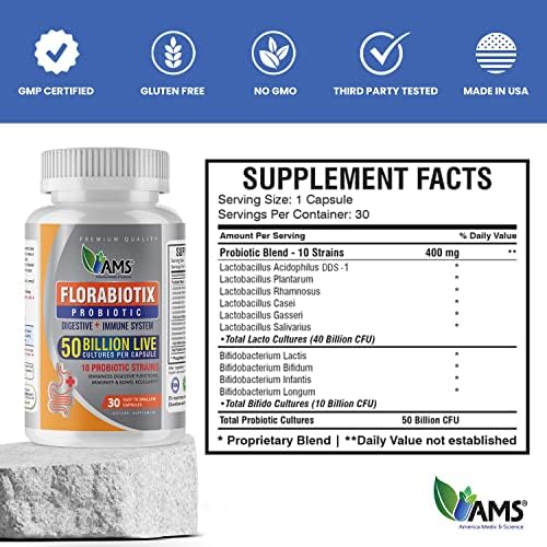 Florabiotix probiotic bottle close-up with vegan, non-GMO branding.