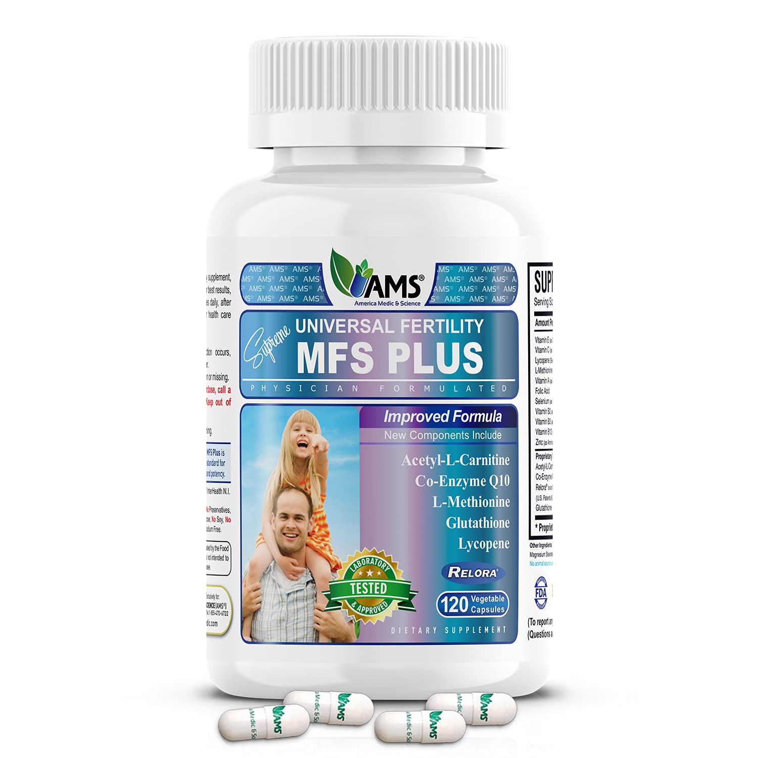 America Medic & Science MFS Plus bottle with capsules for daily male fertility support