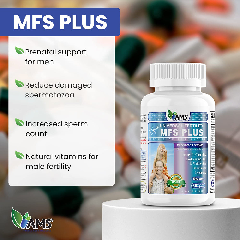 America Medic & Science MFS Plus capsules closeup, easy-to-swallow daily capsules.