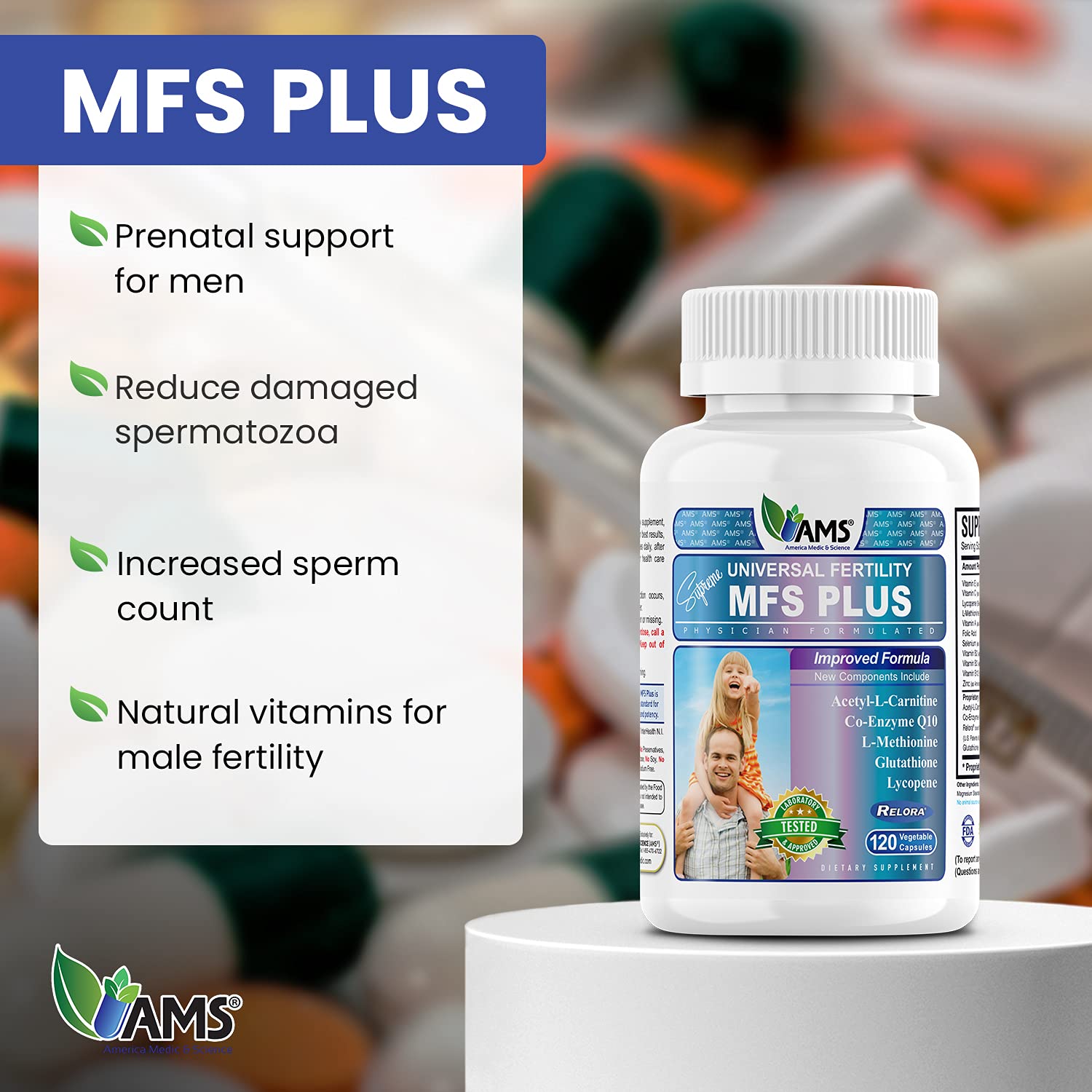 MFS Plus capsules close-up highlighting zinc and CoQ10 for reproductive health